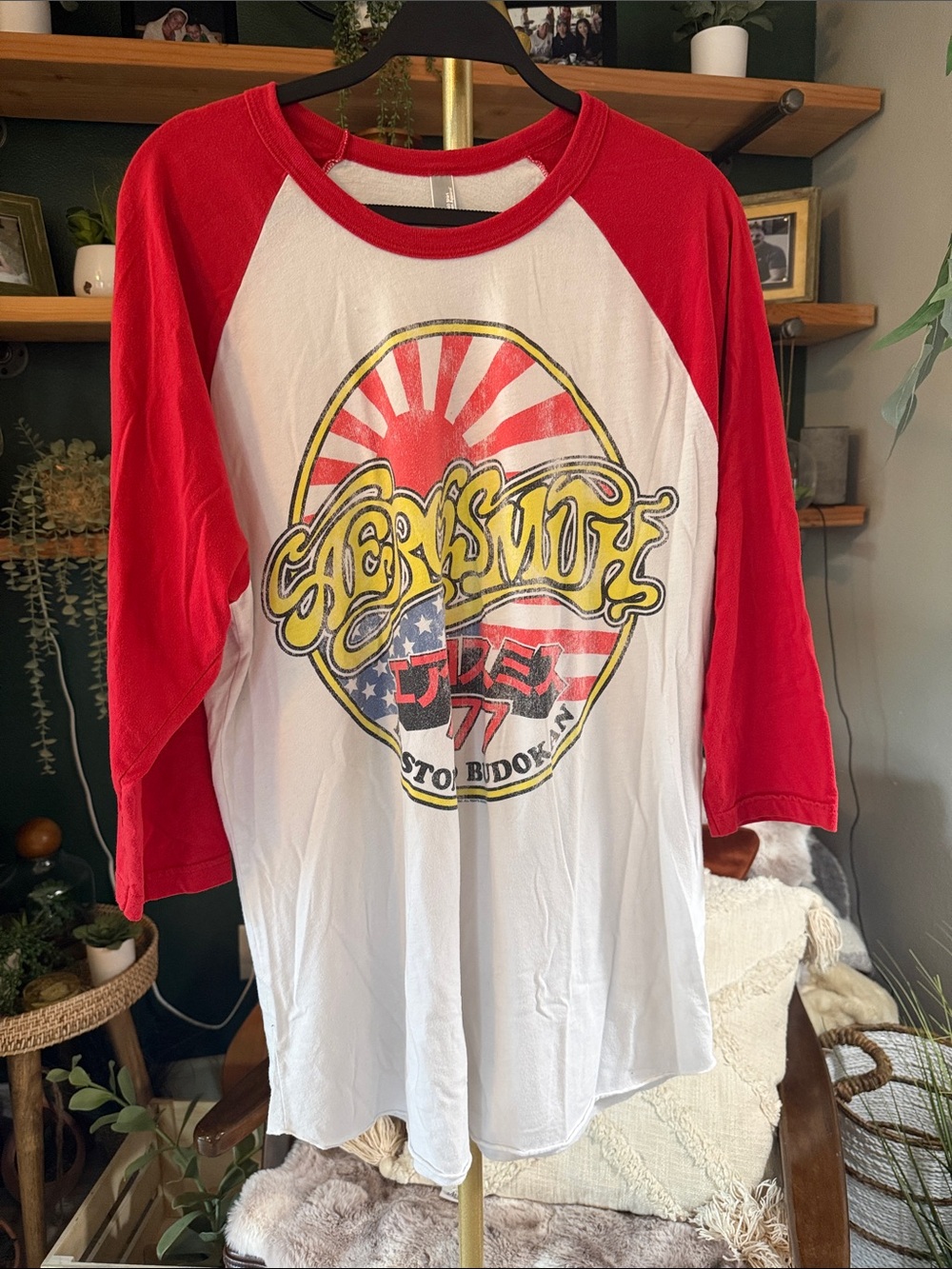 American Apparel Red and White Raglan Tee with Yellow Graphic